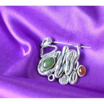 Vintage 925 Sterling  Silver Green  Jade & Red Carnelian Brooch