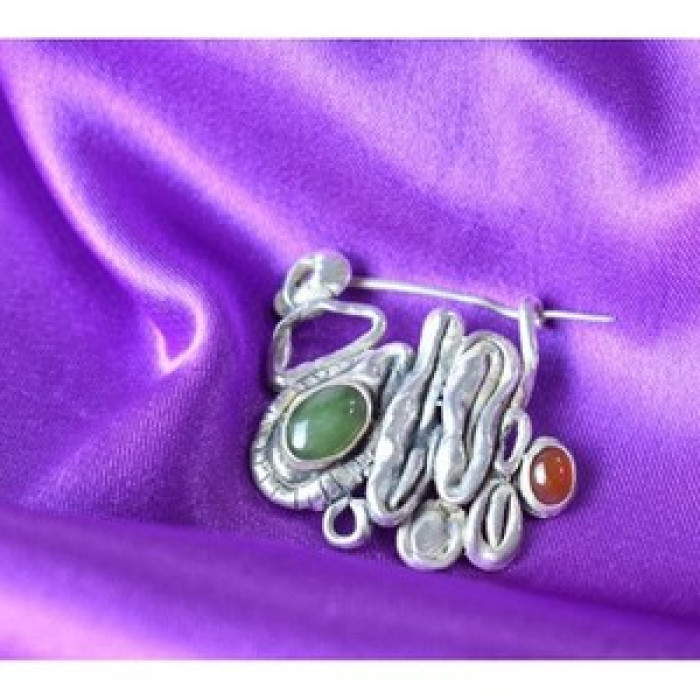 Vintage 925 Sterling  Silver Green  Jade & Red Carnelian Brooch