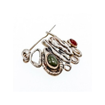 Vintage 925 Sterling  Silver Green  Jade & Red Carnelian Brooch