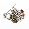 Vintage 925 Sterling  Silver Green  Jade & Red Carnelian Brooch