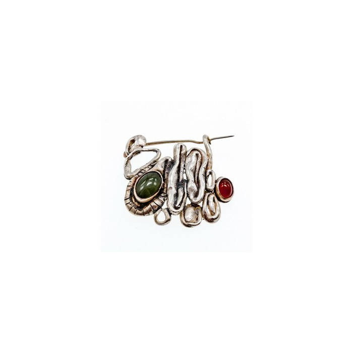Vintage 925 Sterling  Silver Green  Jade & Red Carnelian Brooch