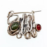 Vintage 925 Sterling  Silver Green  Jade & Red Carnelian Brooch