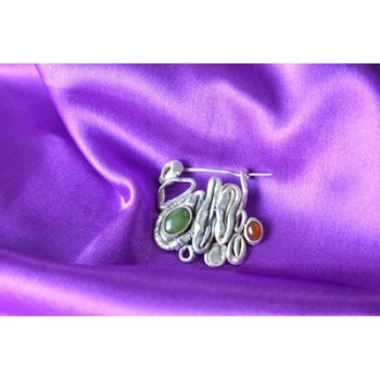 Vintage 925 Sterling  Silver Green  Jade & Red Carnelian Brooch