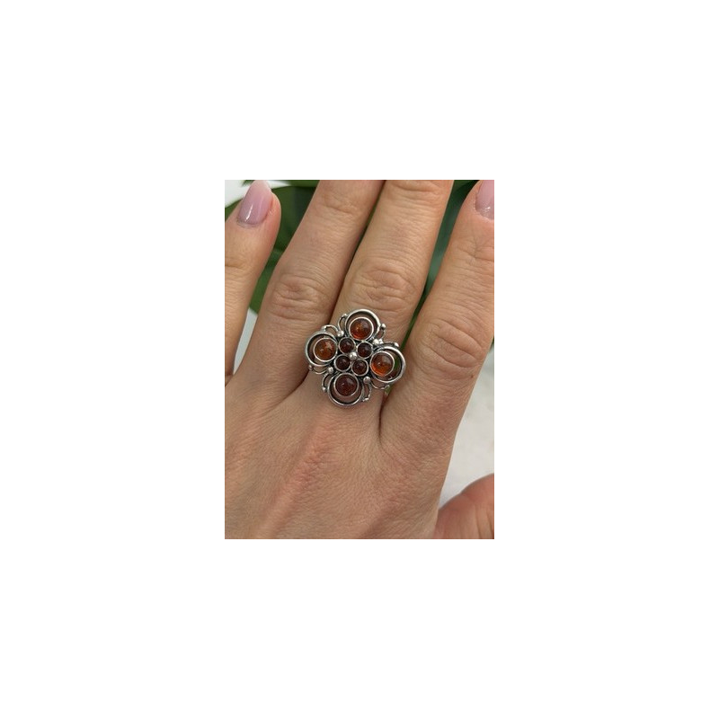 925 Sterling Silver Amber Flower Ring Size 9.5