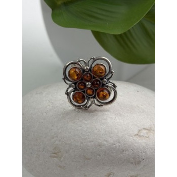 925 Sterling Silver Amber Flower Ring Size 9.5