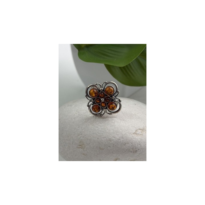 925 Sterling Silver Amber Flower Ring Size 9.5