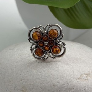 925 Sterling Silver Amber Flower Ring Size 9.5