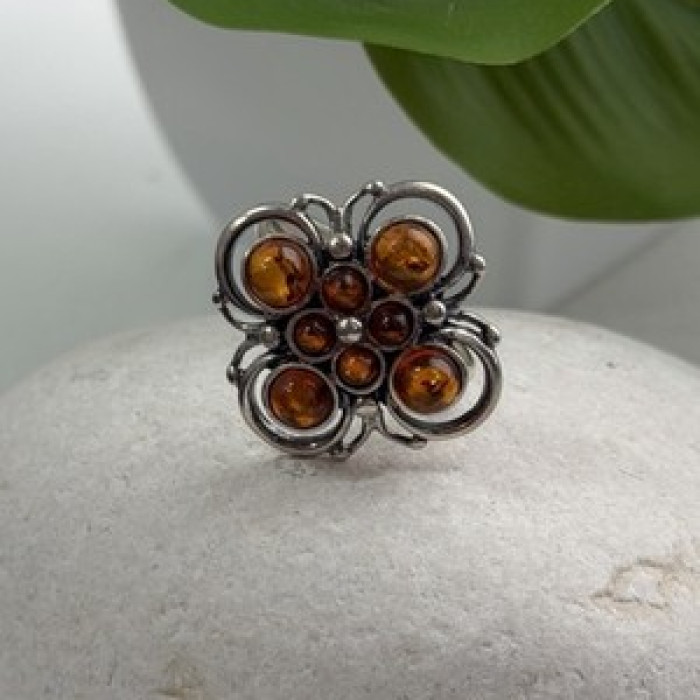 925 Sterling Silver Amber Flower Ring Size 9.5
