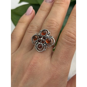 925 Sterling Silver Amber Flower Ring Size 9.5