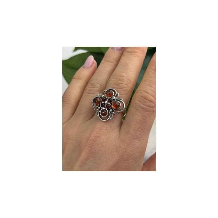 925 Sterling Silver Amber Flower Ring Size 9.5