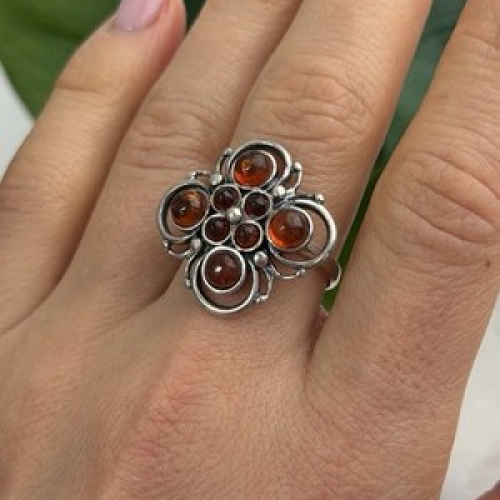 925 Sterling Silver Amber Flower Ring Size 9.5