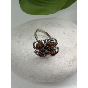 925 Sterling Silver Amber Flower Ring Size 9.5