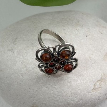 925 Sterling Silver Amber Flower Ring Size 9.5