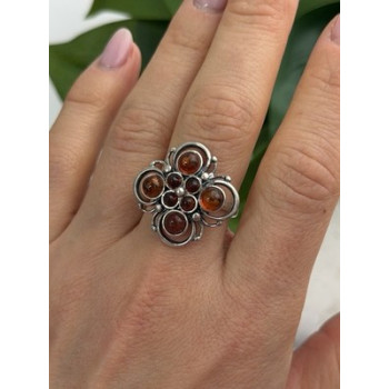 925 Sterling Silver Amber Flower Ring Size 9.5