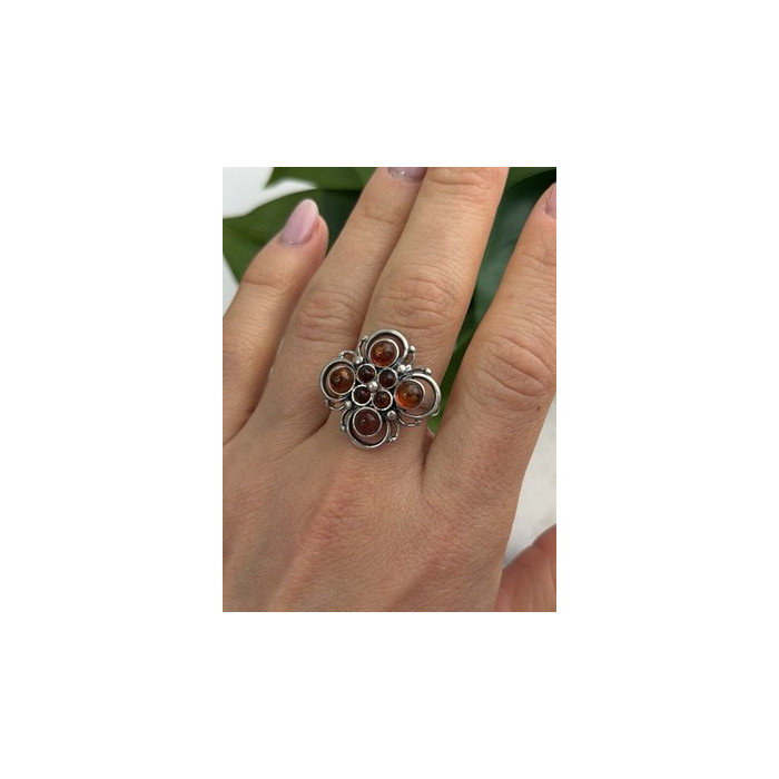 925 Sterling Silver Amber Flower Ring Size 9.5