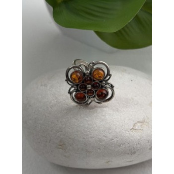 925 Sterling Silver Amber Flower Ring Size 9.5