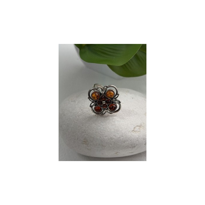 925 Sterling Silver Amber Flower Ring Size 9.5