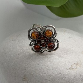 925 Sterling Silver Amber Flower Ring Size 9.5