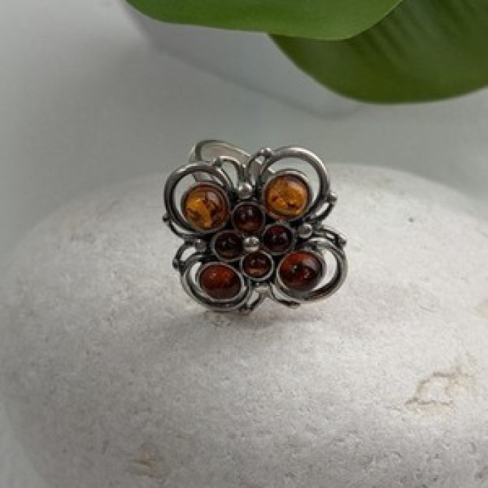 925 Sterling Silver Amber Flower Ring Size 9.5
