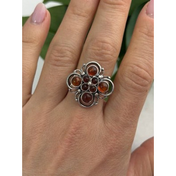 925 Sterling Silver Amber Flower Ring Size 9.5