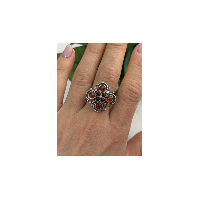 925 Sterling Silver Amber Flower Ring Size 9.5