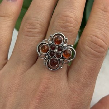 925 Sterling Silver Amber Flower Ring Size 9.5
