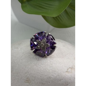 925 Sterling Silver Amethyst & Marcasite Flower Ring Size 7.5