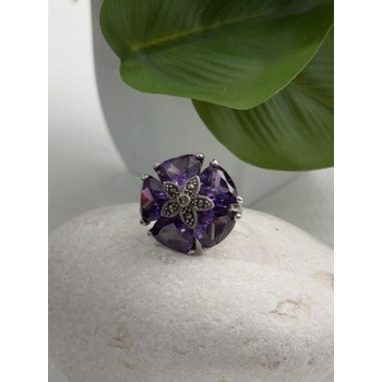 925 Sterling Silver Amethyst & Marcasite Flower Ring Size 7.5
