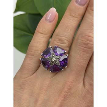 925 Sterling Silver Amethyst & Marcasite Flower Ring Size 7.5