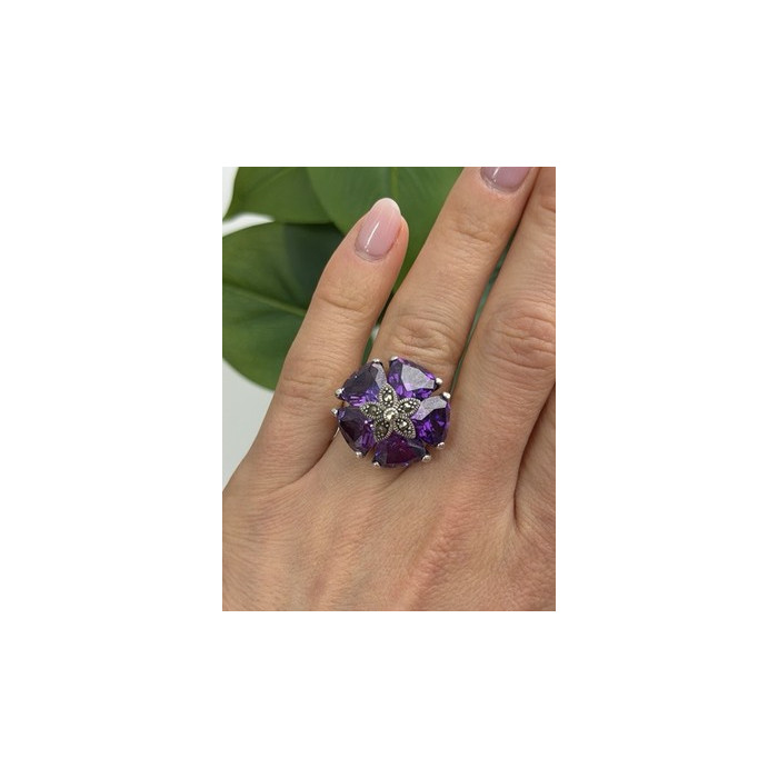 925 Sterling Silver Amethyst & Marcasite Flower Ring Size 7.5