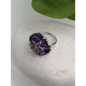 925 Sterling Silver Amethyst & Marcasite Flower Ring Size 7.5