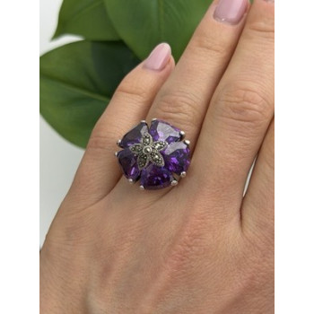 925 Sterling Silver Amethyst & Marcasite Flower Ring Size 7.5