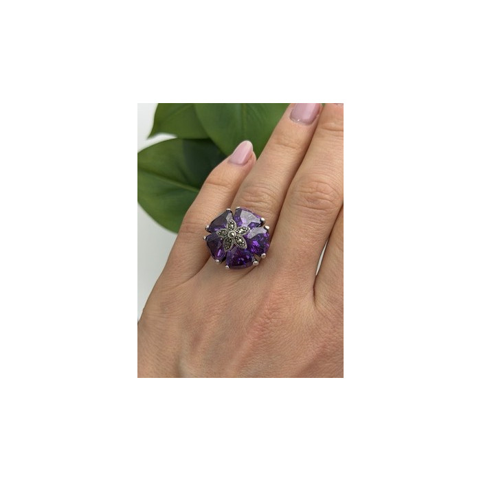 925 Sterling Silver Amethyst & Marcasite Flower Ring Size 7.5