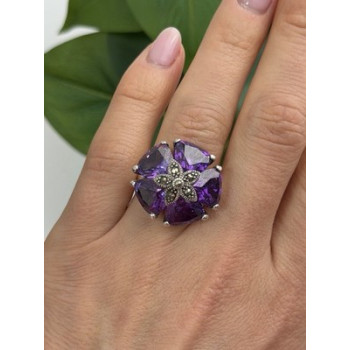 925 Sterling Silver Amethyst & Marcasite Flower Ring Size 7.5