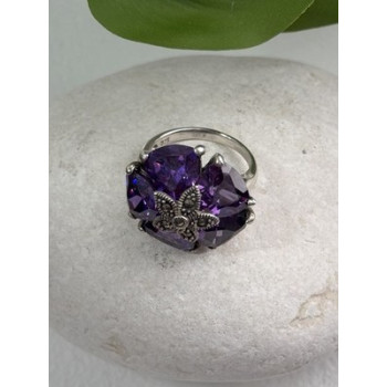 925 Sterling Silver Amethyst & Marcasite Flower Ring Size 7.5