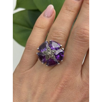 925 Sterling Silver Amethyst & Marcasite Flower Ring Size 7.5