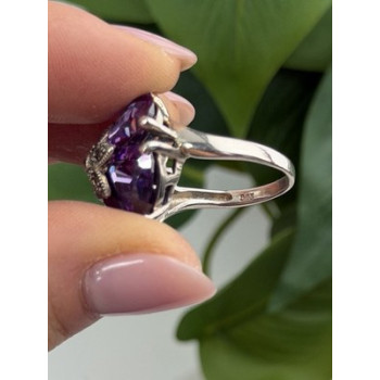 925 Sterling Silver Amethyst & Marcasite Flower Ring Size 7.5