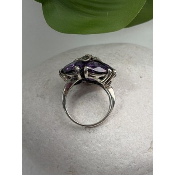 925 Sterling Silver Amethyst & Marcasite Flower Ring Size 7.5