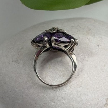 925 Sterling Silver Amethyst & Marcasite Flower Ring Size 7.5