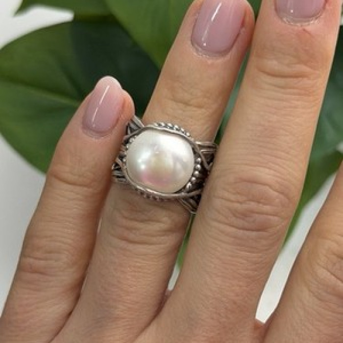 Vintage 925 Sterling Silver Pearl Ring Size 4