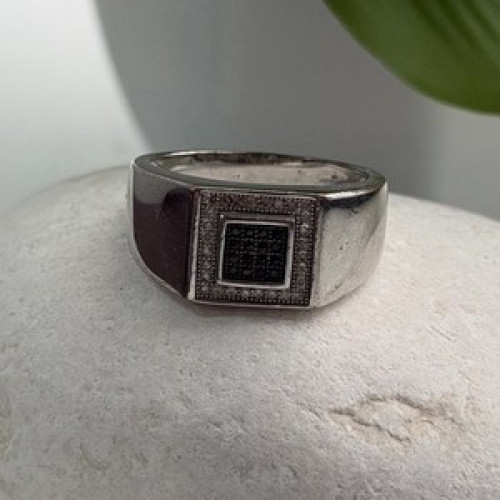 Men's 925 Sterling Silver White & Black Diamonds 0.17 ctw Ring Size 10