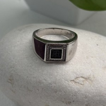 Men's 925 Sterling Silver White & Black Diamonds 0.17 ctw Ring Size 10