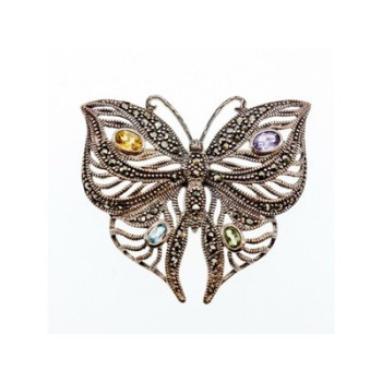 925 Sterling Silver Citrine, Topaz, Amethyst, Peridot & Marcasites Brooch