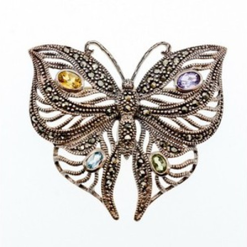 925 Sterling Silver Citrine, Topaz, Amethyst, Peridot & Marcasites Brooch