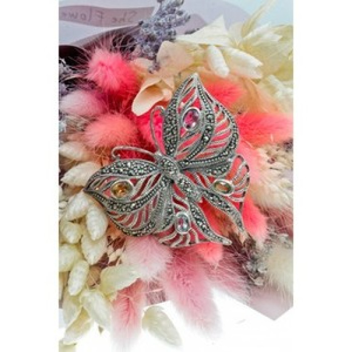 925 Sterling Silver Citrine, Topaz, Amethyst, Peridot & Marcasites Brooch