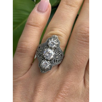 Vintage 925 Sterling Silver Cz & Marcasite Ring Size 6