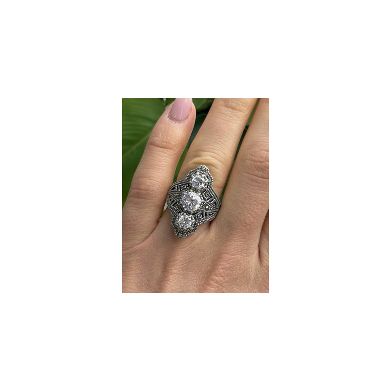 Vintage 925 Sterling Silver Cz & Marcasite Ring Size 6