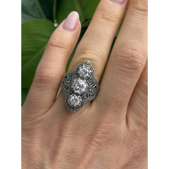 Vintage 925 Sterling Silver Cz & Marcasite Ring Size 6