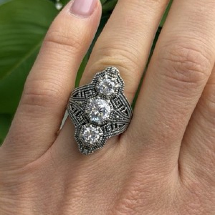 Vintage 925 Sterling Silver Cz & Marcasite Ring Size 6