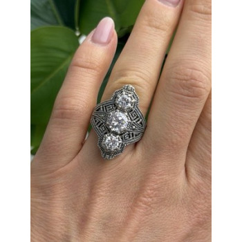 Vintage 925 Sterling Silver Cz & Marcasite Ring Size 6